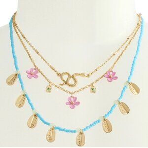 Betsey Johnson snake flower turquoise beaded gold 3 strand necklace NWT
